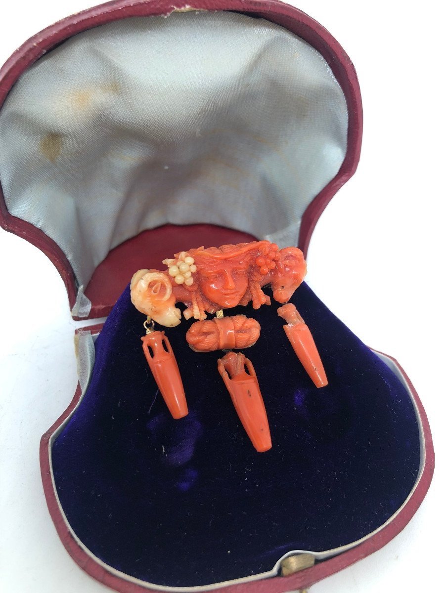 Gold Mounted Brooch, Coral From Trapani (sicily) Italy, 19th Century-photo-4