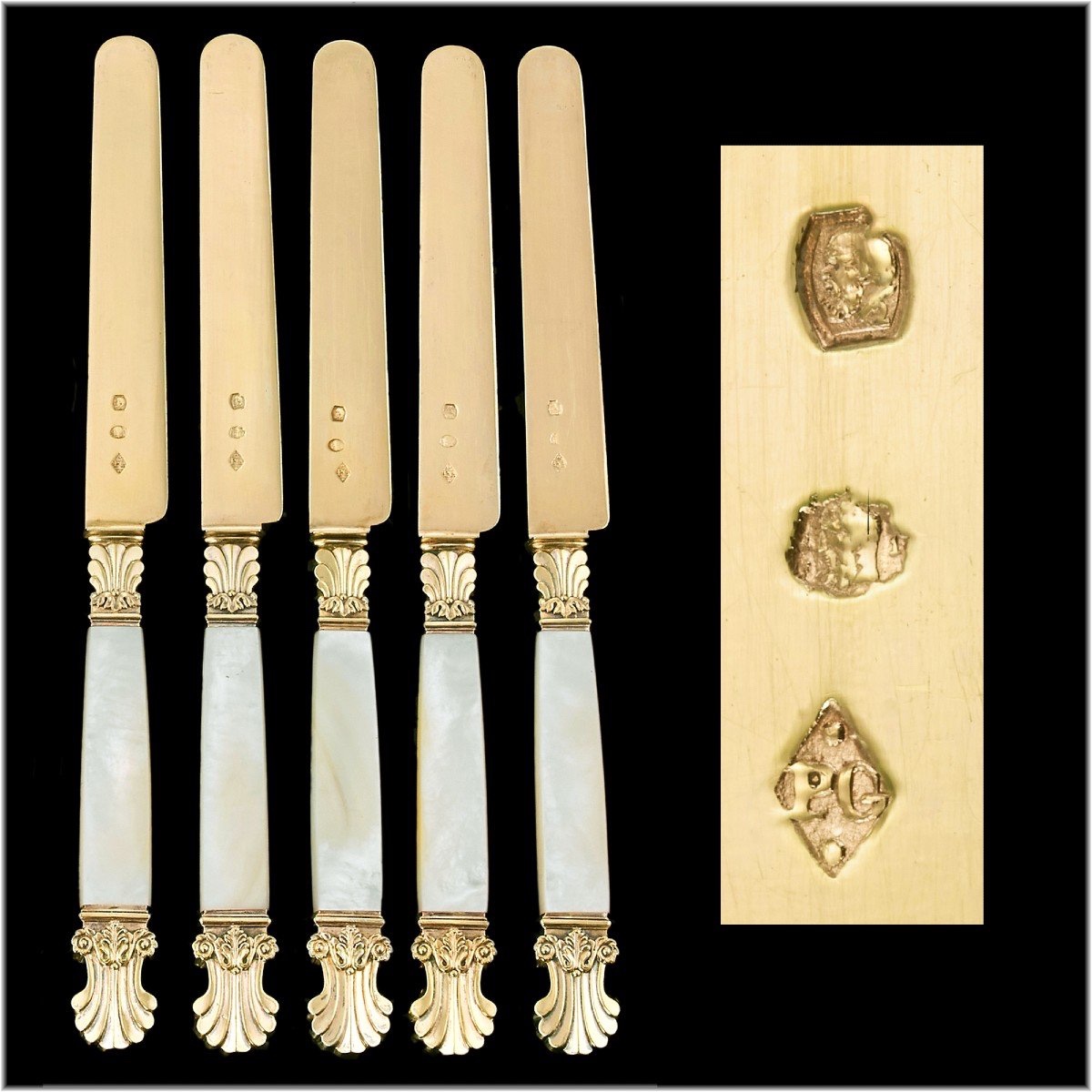 Coffret De Couteaux En Vermeil, Nacre Et Or - Poitier,  èpoque Restauration-photo-2
