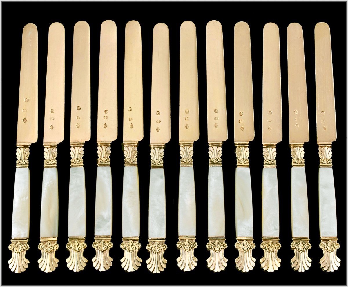 Coffret De Couteaux En Vermeil, Nacre Et Or - Poitier,  èpoque Restauration