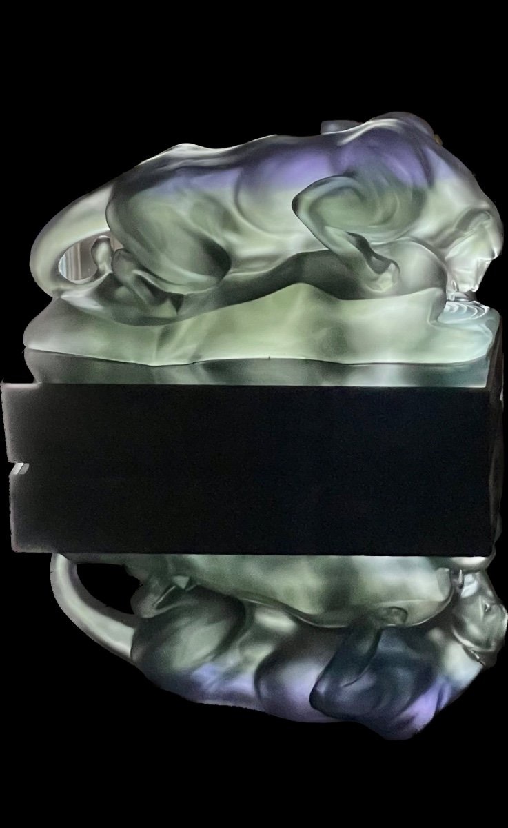 Panther Drinking – Glass Paste Sculpture Signed Bc Zheng, 20th Century-photo-2