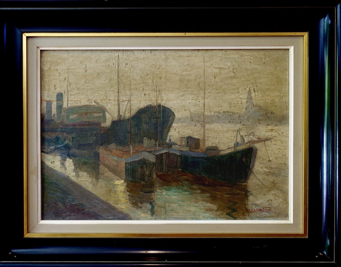 Karel A.G. De Posson (1889-1960) Vue portuaire industrielle — Belgique, vers 1920