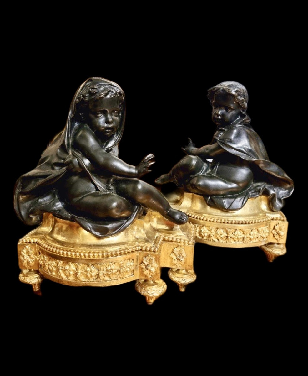 PAIRE DE CHENETS EN BRONZE À DOUBLE PATINE PUTTI FRILEUX, FRANCE, XIXᵉ SIÈCLE, ÉPOQUE NAPOLÉON -photo-2