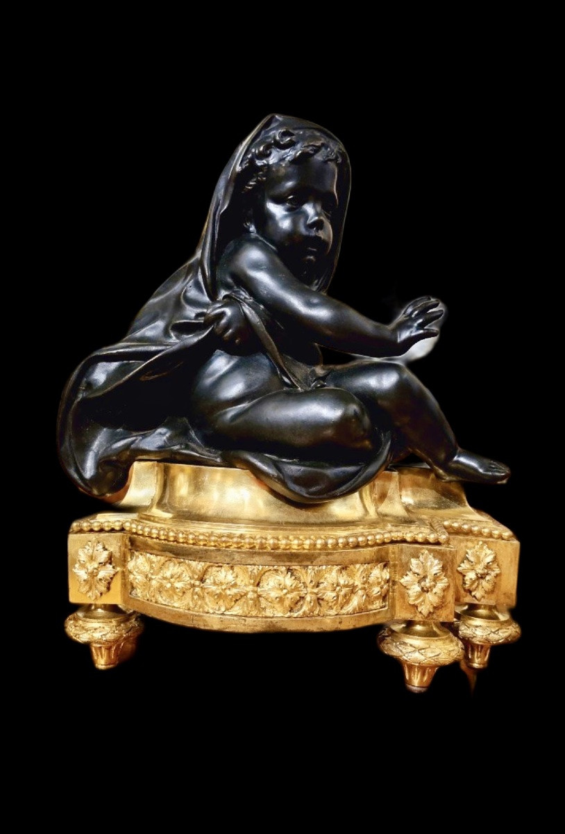 PAIRE DE CHENETS EN BRONZE À DOUBLE PATINE PUTTI FRILEUX, FRANCE, XIXᵉ SIÈCLE, ÉPOQUE NAPOLÉON -photo-3