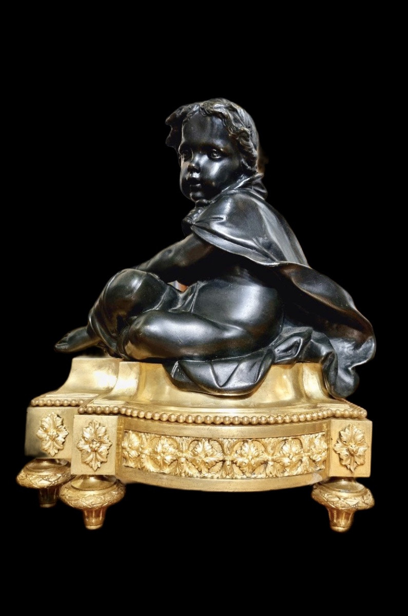 PAIRE DE CHENETS EN BRONZE À DOUBLE PATINE PUTTI FRILEUX, FRANCE, XIXᵉ SIÈCLE, ÉPOQUE NAPOLÉON -photo-4