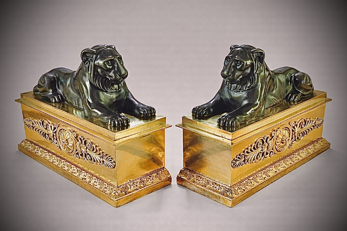 Pair Of Andirons With Lionesses 