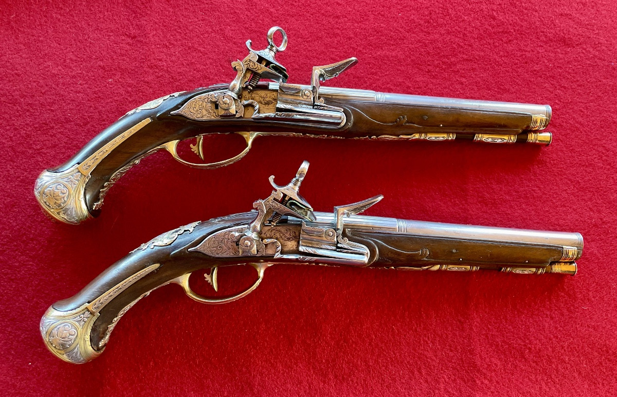 Michele Battista Pair Of Flintlock Pistols With Coat Of Arms, Royal Manufactory Of Naples Second Half