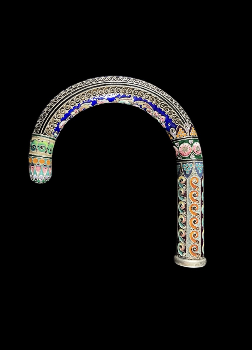 Prestigious Silver Cane Handle With Cloisonné Enamel – Imperial Russia, Circa 1900-photo-2