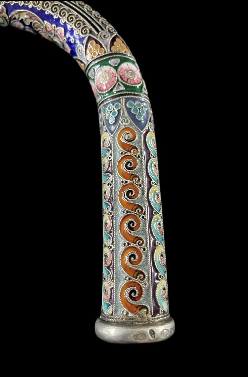 Prestigious Silver Cane Handle With Cloisonné Enamel – Imperial Russia, Circa 1900-photo-3
