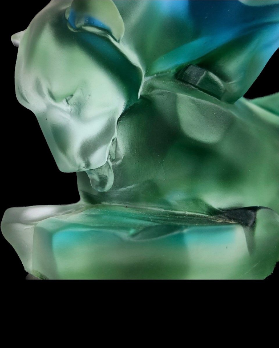 PANTHÈRE S’ABREUVANT IMPORTANTE SCULPTURE EN PÂTE DE VERRE SIGNÉE B.C. ZHENG-photo-2