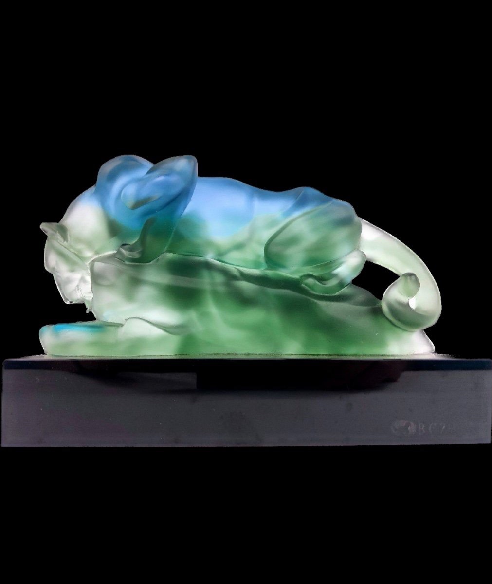 PANTHÈRE S’ABREUVANT IMPORTANTE SCULPTURE EN PÂTE DE VERRE SIGNÉE B.C. ZHENG-photo-3