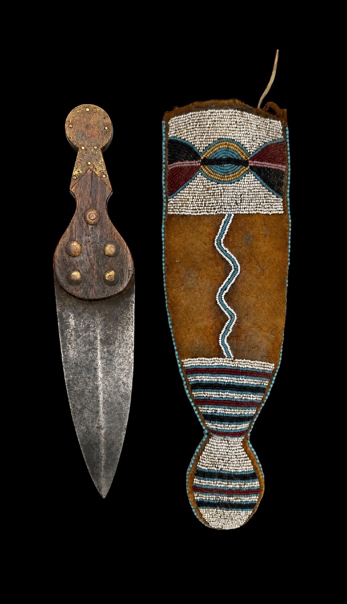 Blackfoot Wood And Metal Dag Knife Together With A Beaded Hide Sheath