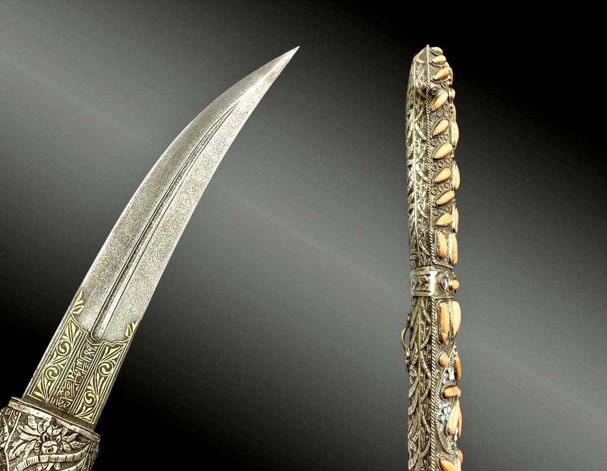 Prestigious Ottoman Jambiya With Coral Teardrops From Trabzon, Wootz Steel Blade,-photo-3