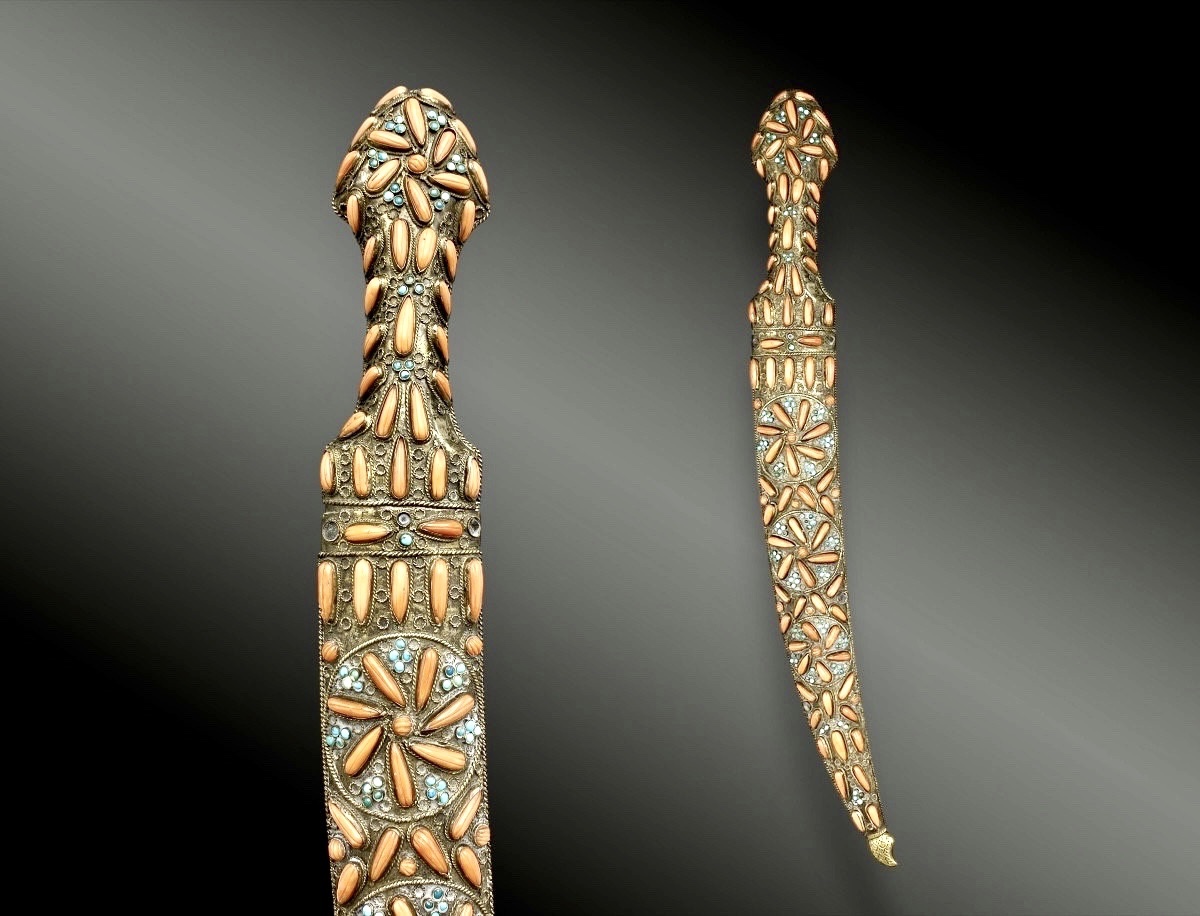 Prestigious Ottoman Jambiya With Coral Teardrops From Trabzon, Wootz Steel Blade,-photo-2