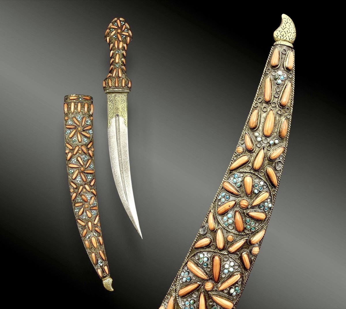 Prestigious Ottoman Jambiya With Coral Teardrops From Trabzon, Wootz Steel Blade,