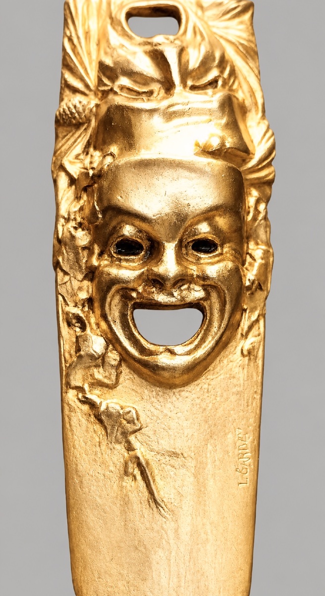 Aiguille sculpturale en bronze doré aux Masques du Théâtre français-photo-3