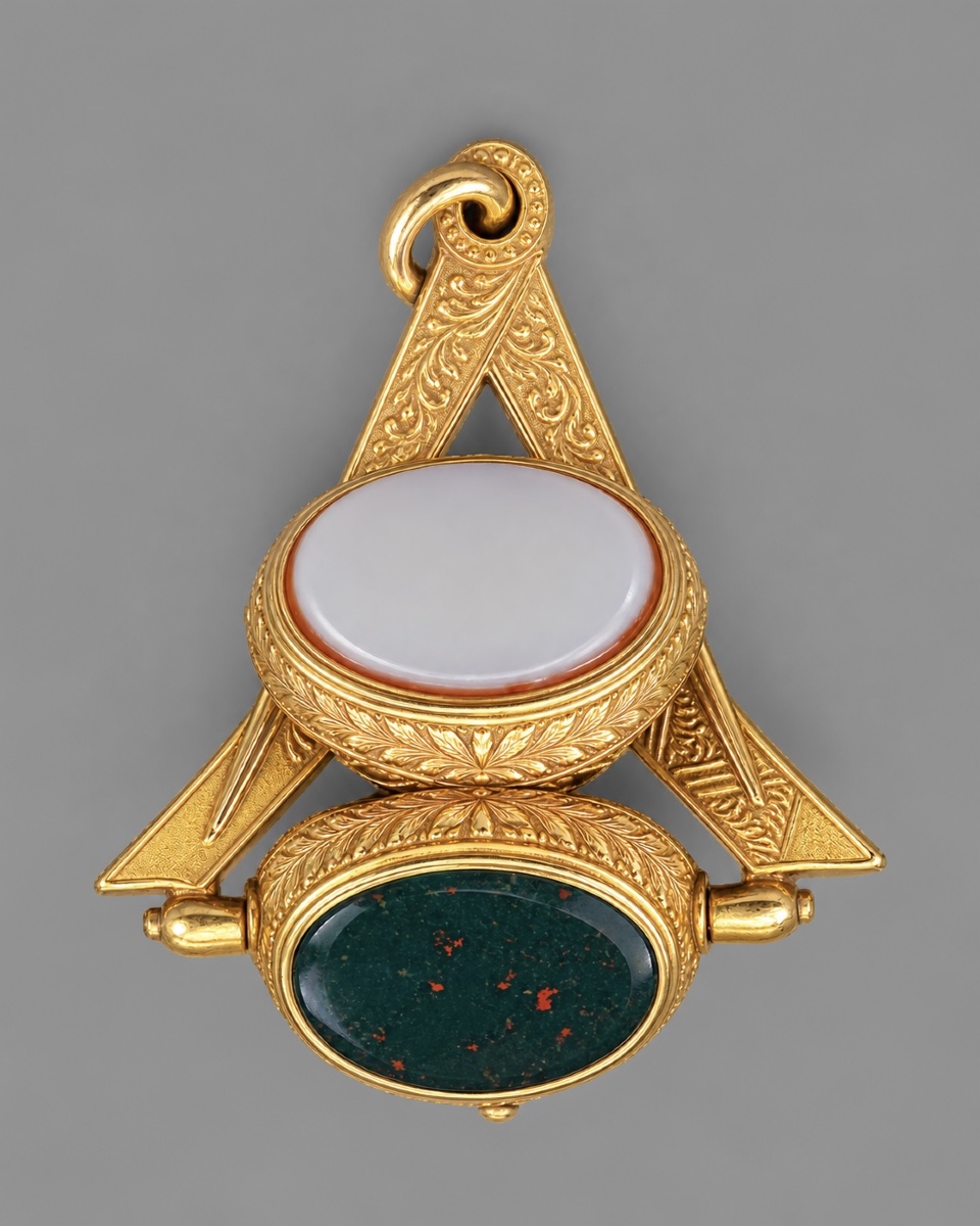 SCEAU MAÇONNIQUE À SECRET, DOUBLE ET PIVOTANT, EN OR, AGATE ET JASPE SANGUIN — SECOND EMPIRE