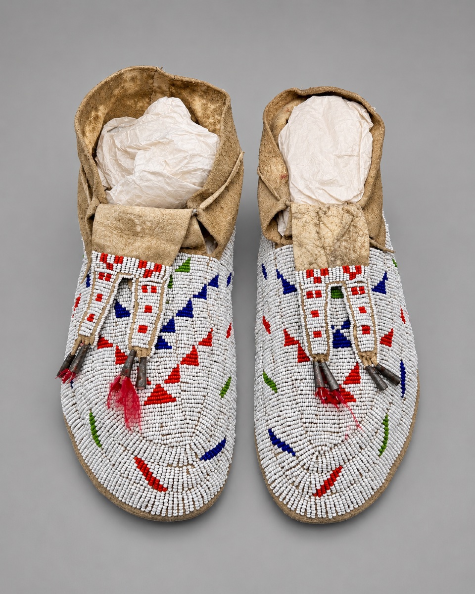 PAIRE DE MOCASSINS LAKOTA (SIOUX) ENTIÈREMENT PERLÉS-photo-3