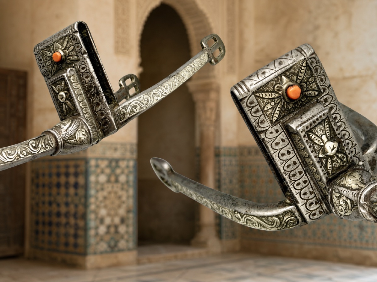 Pair Of Algerian Spurs Known As “châbir,” Made Of Silver And Coral, 19th Century