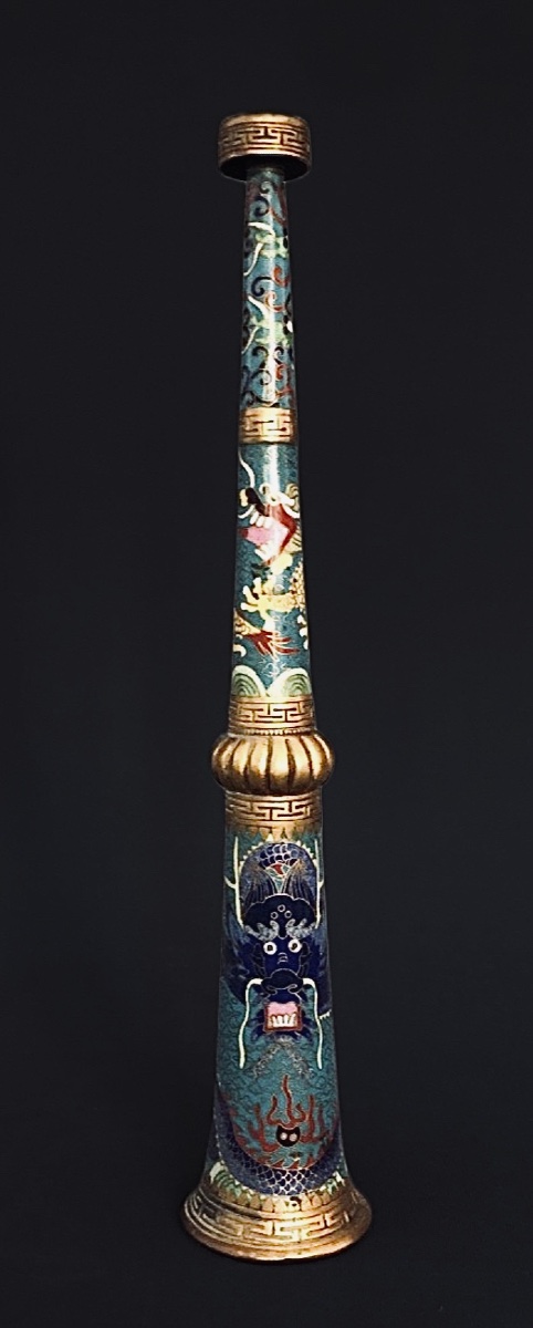 RARE TROMPE RITUELLE SINO-TIBÉTAINE EN ÉMAUX CLOISONNÉS-photo-2