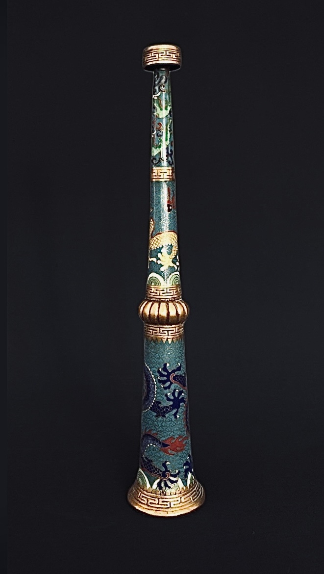 RARE TROMPE RITUELLE SINO-TIBÉTAINE EN ÉMAUX CLOISONNÉS-photo-3