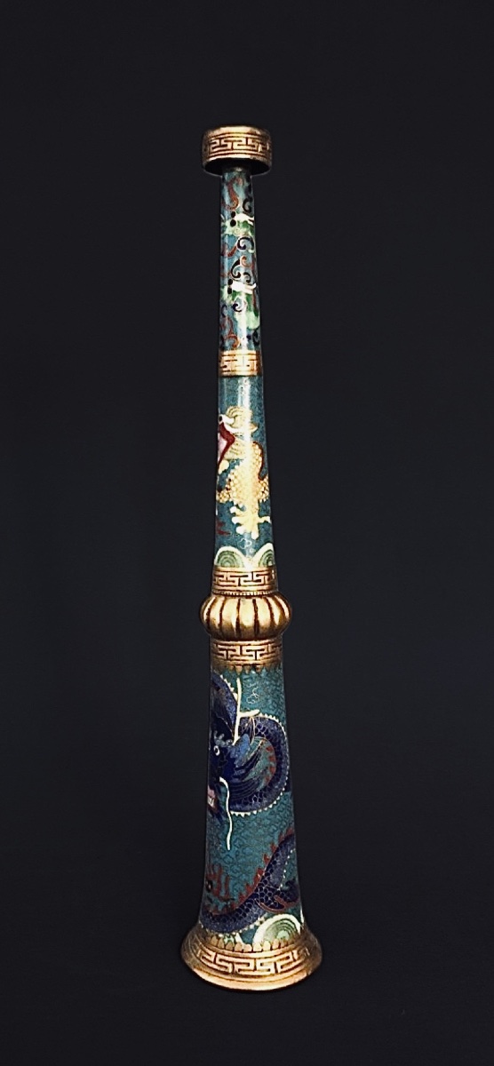 RARE TROMPE RITUELLE SINO-TIBÉTAINE EN ÉMAUX CLOISONNÉS-photo-4