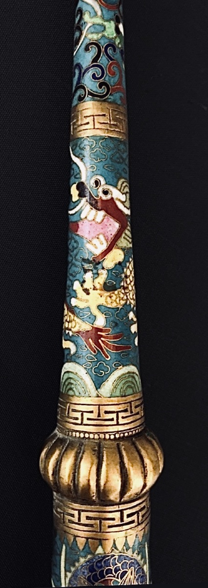 RARE TROMPE RITUELLE SINO-TIBÉTAINE EN ÉMAUX CLOISONNÉS-photo-1