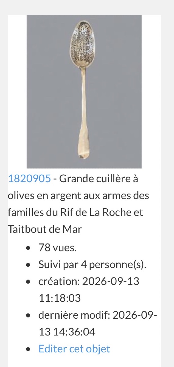 Grande cuillère à olives en argent aux armes des familles du Rif de La Roche et Taitbout de Mar-photo-8