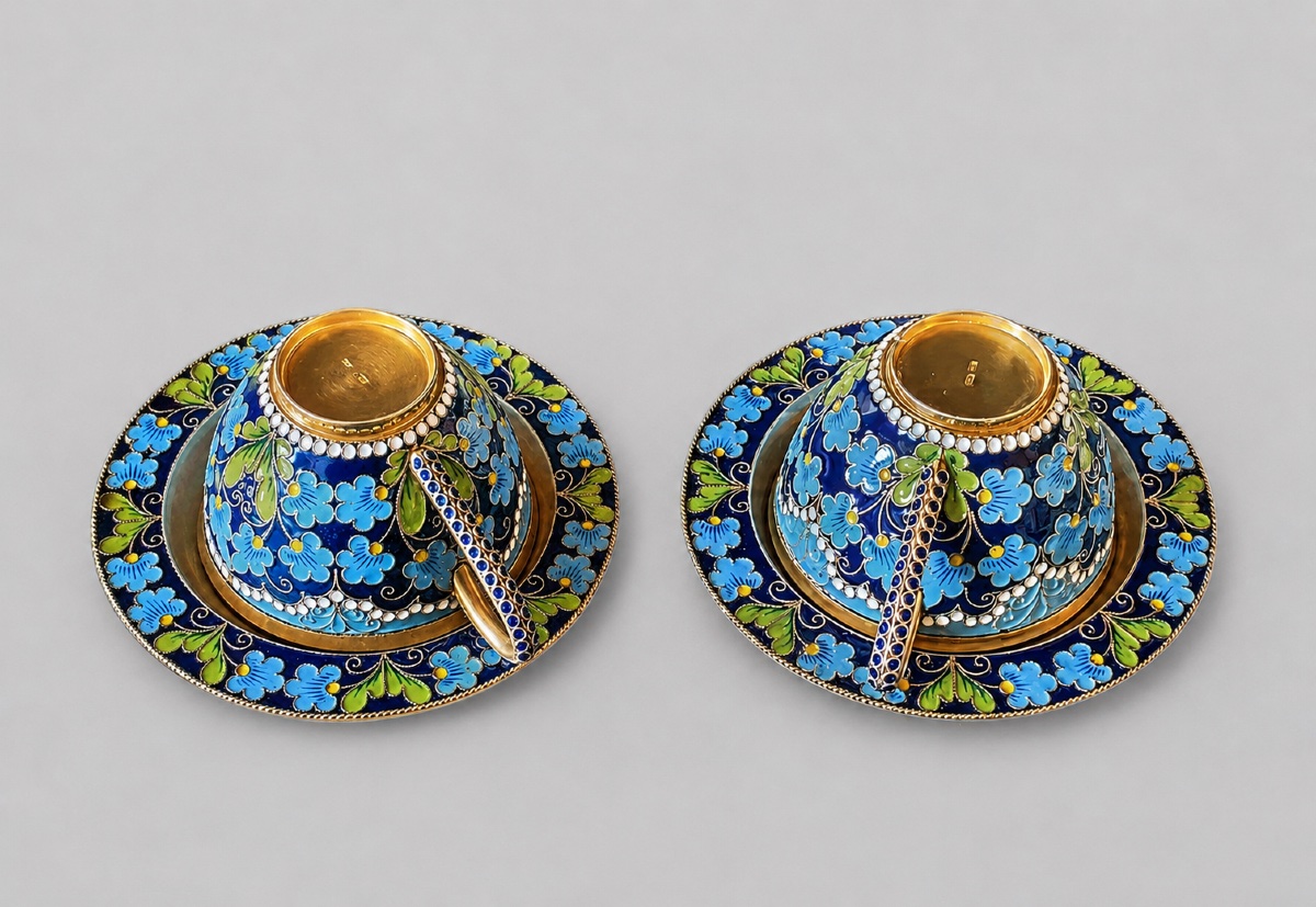 Paire de tasses à café de Leningrad en argent massif vermeillé et émaux cloisonnés-photo-2