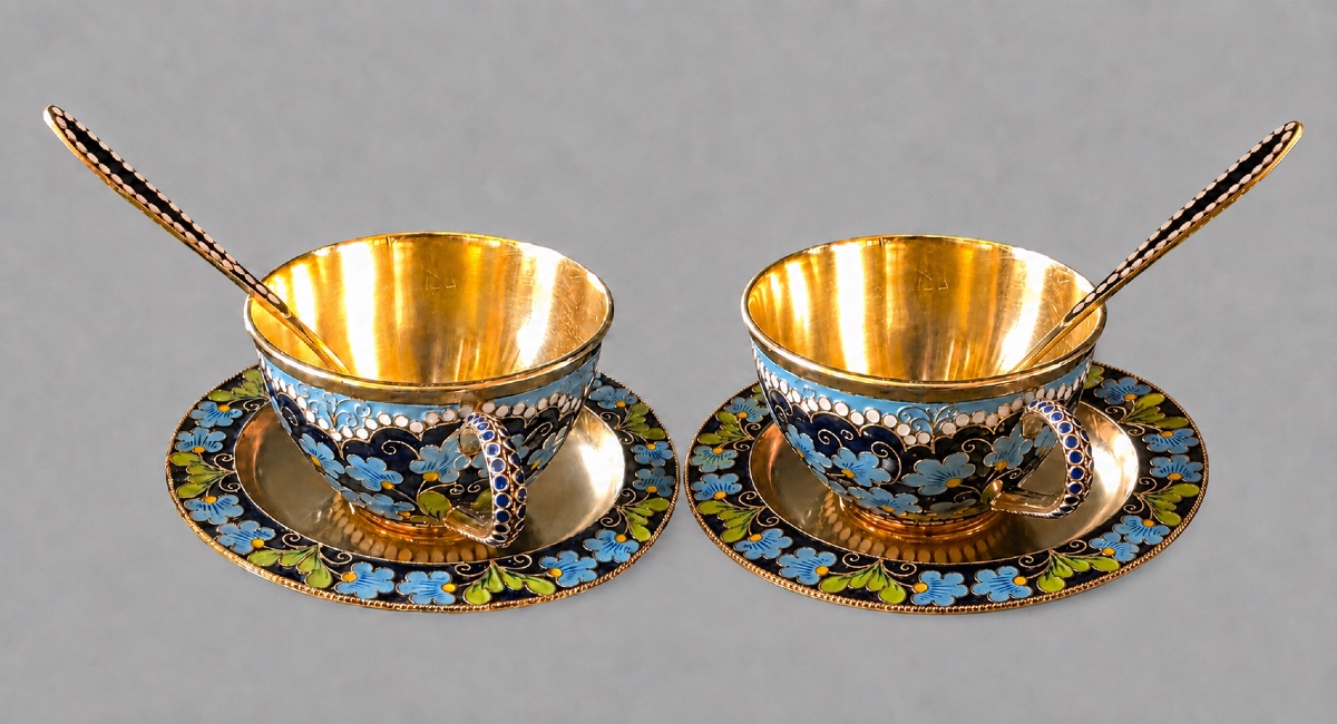 Paire de tasses à café de Leningrad en argent massif vermeillé et émaux cloisonnés-photo-3