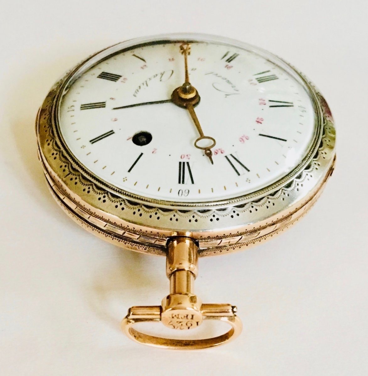 Skeleton Pocket Watch In Silver, Yellow Gold, And Rose Gold, Signed Vermorel à Charlieus, Circa 1800
