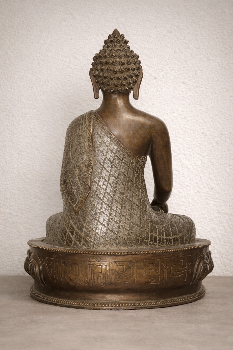 BOUDDHA ASSIS EN BRONZE À APPLICATION DE FINE TÔLE D’ARGENT-photo-2