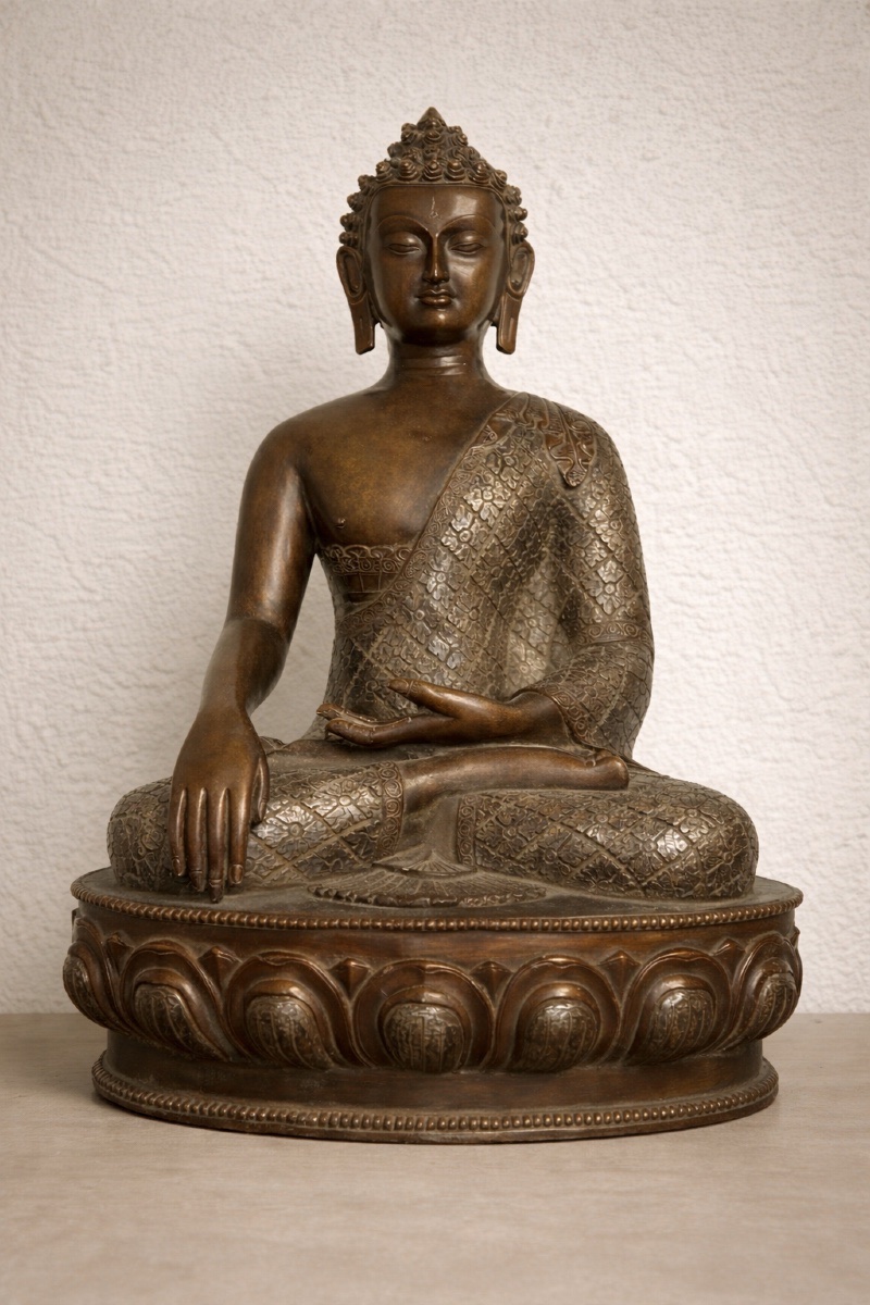 BOUDDHA ASSIS EN BRONZE À APPLICATION DE FINE TÔLE D’ARGENT