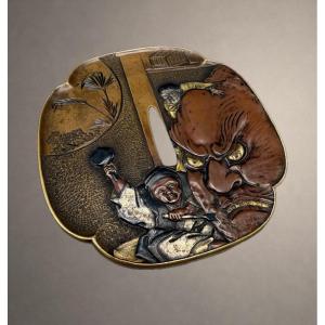 TSUBA NARRATIVE SCULPTURALE — KYŌTO (YAMASHIRO-NO-KUNI) — SIGNÉE TENPŌ — ÉPOQUE EDO