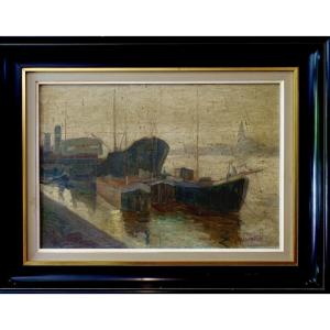 Karel A.G. De Posson (1889-1960) Vue portuaire industrielle — Belgique, vers 1920