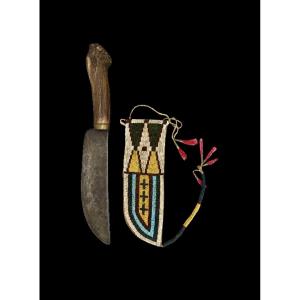 Great Plains Milking Knife With A Deer-antler Handle And Its Beaded Sheath