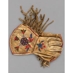 Pair Of Large Native American Gloves With Fringed Cuffs