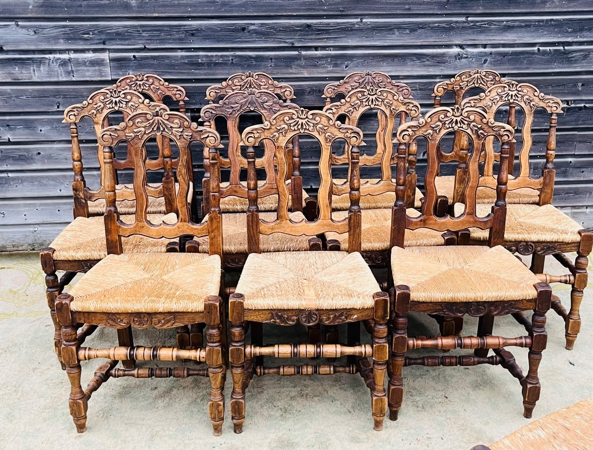 Suite Of 12 Regency Style Oak Straw Chairs-photo-6