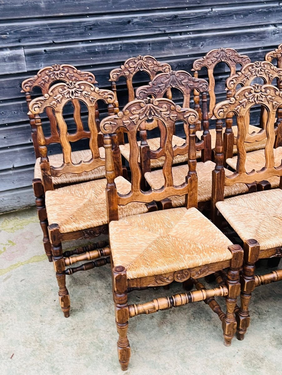 Suite Of 12 Regency Style Oak Straw Chairs-photo-7