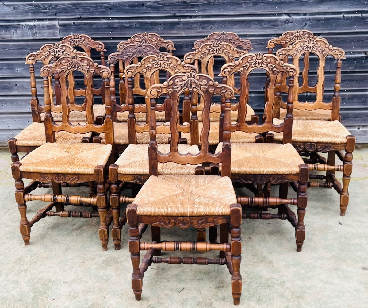 Suite Of 12 Regency Style Oak Straw Chairs