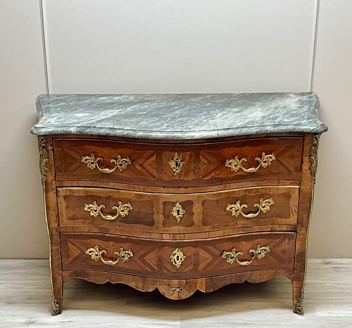 Curved Chest Of Drawers In Marquetry, Louis XV Period-photo-4