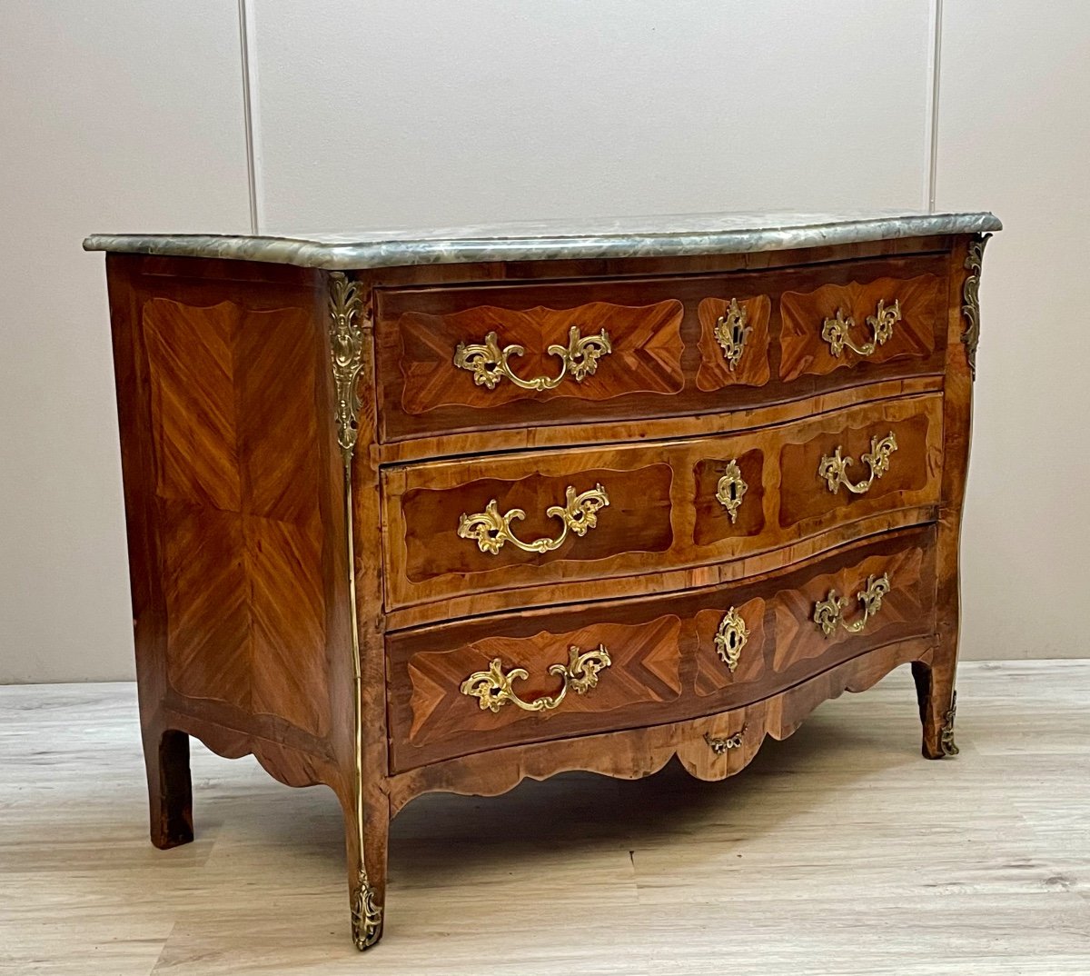 Curved Chest Of Drawers In Marquetry, Louis XV Period