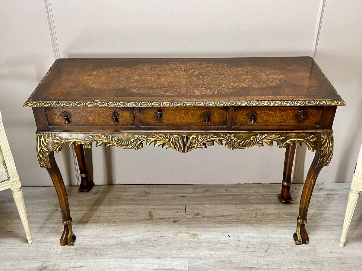 Console In Gilded Wood And Louis XV Style Marquetry 