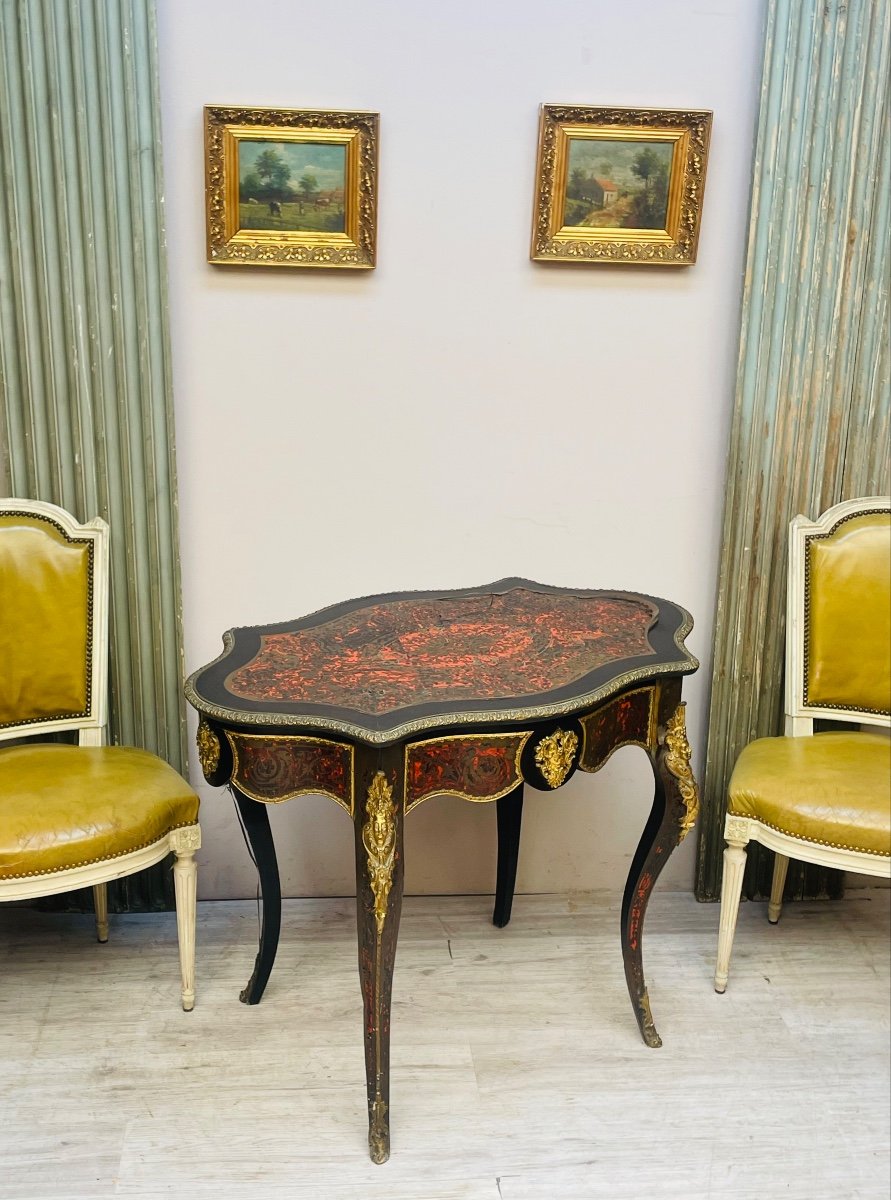 Table guéridon violoné en marqueterie boulle d’époque Napoléon III-photo-2