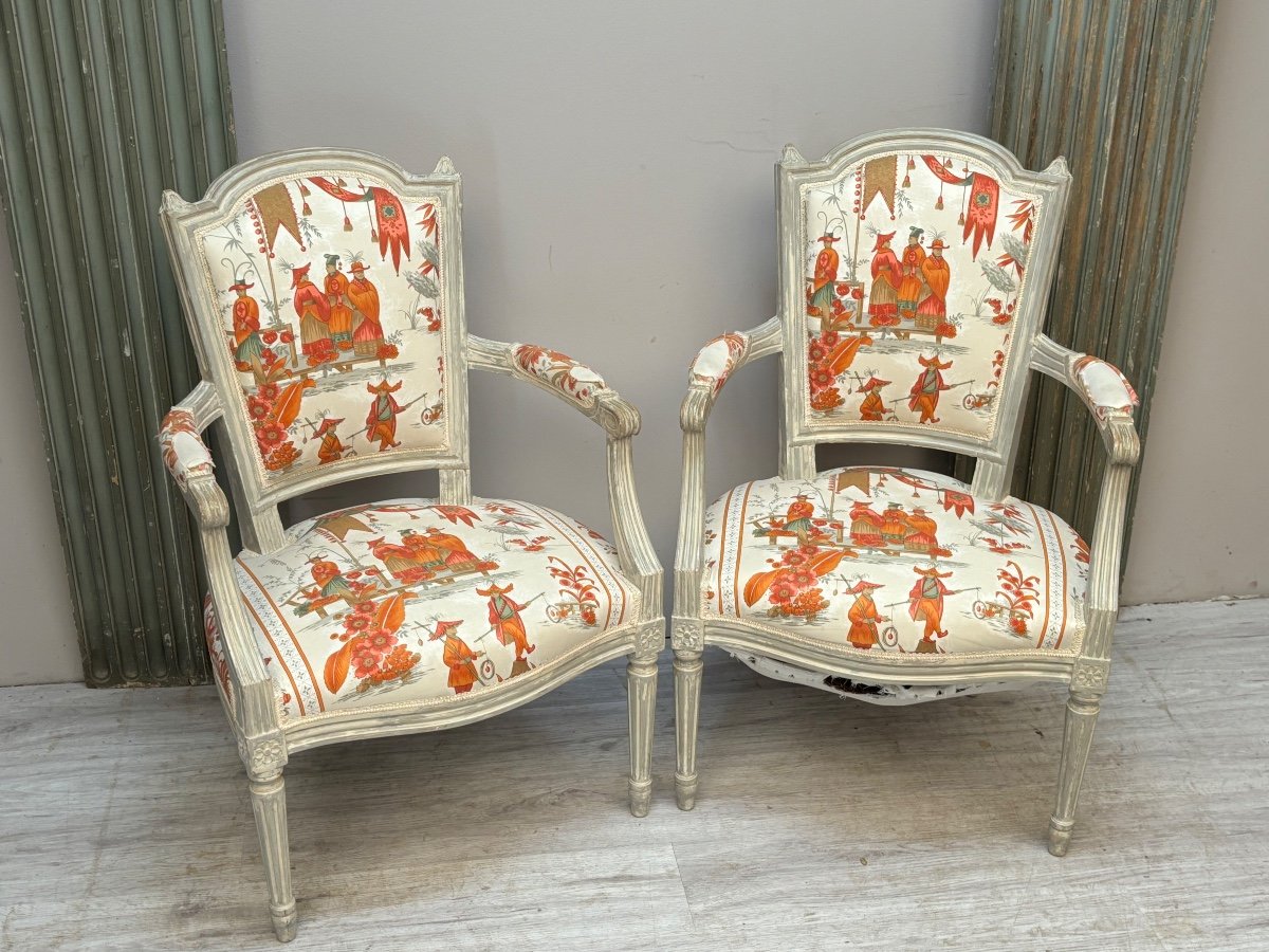 Pair Of Louis XVI Armchairs In Lacquered Wood 