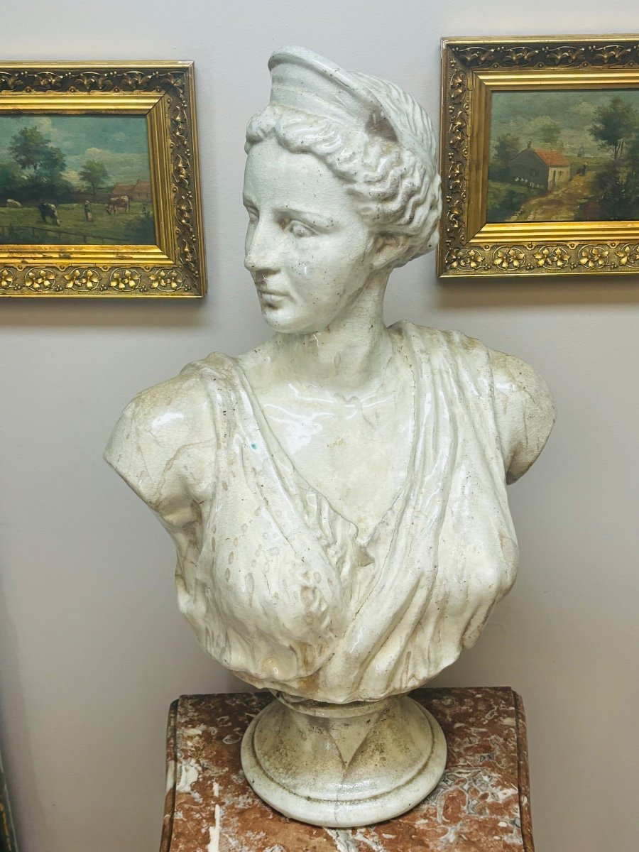 Large Bust Of A Woman In Cracked Earthenware From The 19th Century-photo-3