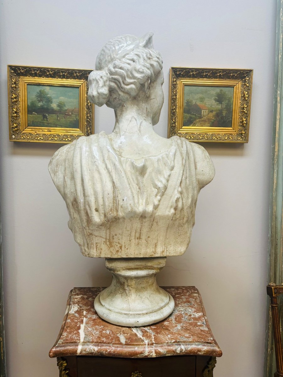 Grand buste de femme à l’antique  en faïence craquelée d’époque XIX éme-photo-4