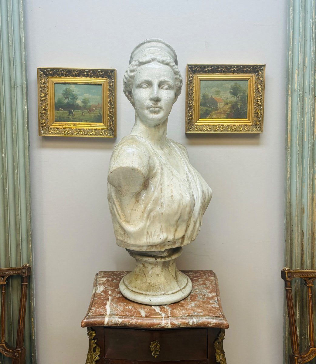Grand buste de femme à l’antique  en faïence craquelée d’époque XIX éme-photo-1