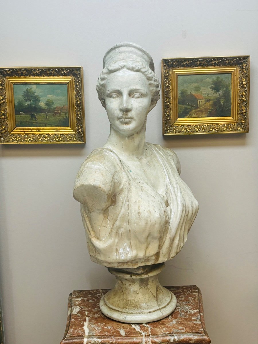 Grand buste de femme à l’antique  en faïence craquelée d’époque XIX éme-photo-3