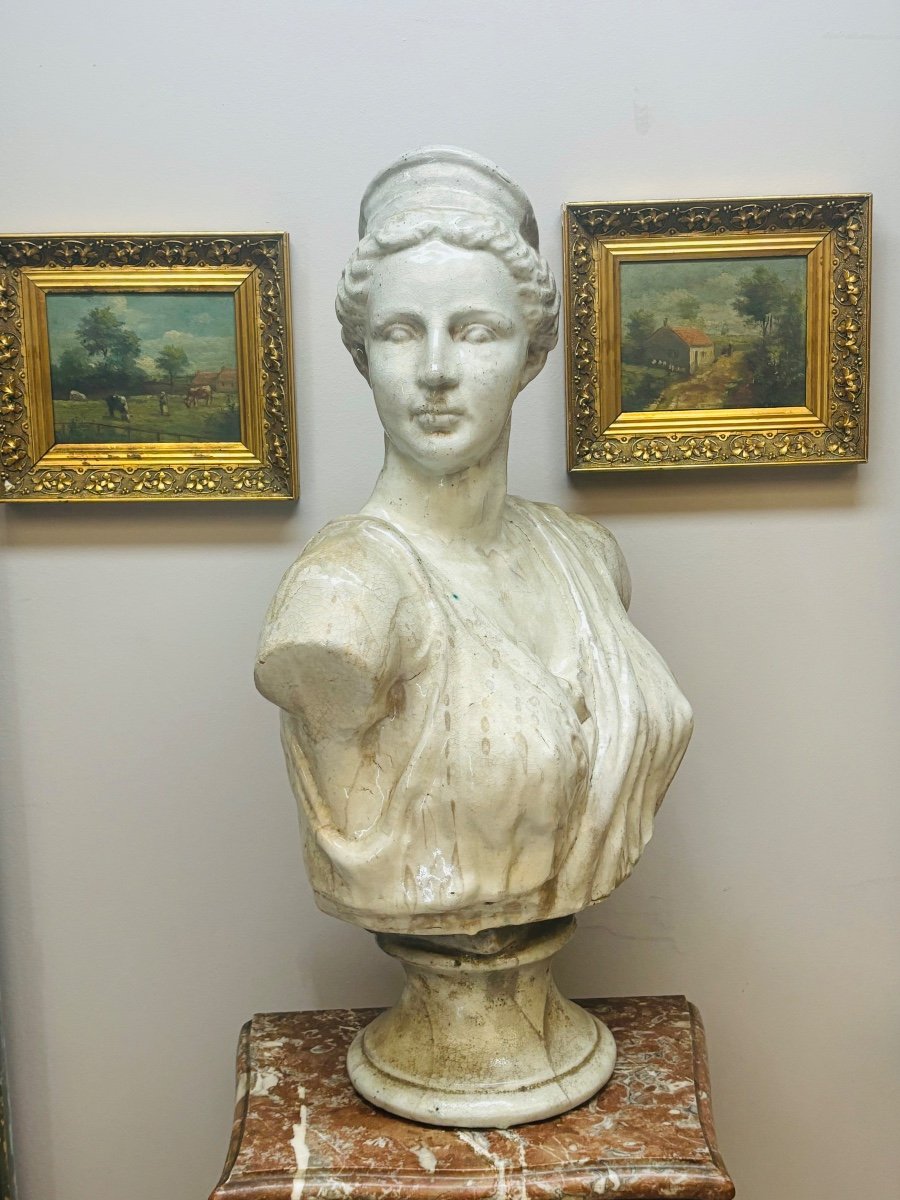 Large Bust Of A Woman In Cracked Earthenware From The 19th Century-photo-3