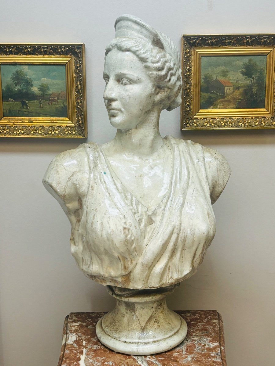 Large Bust Of A Woman In Cracked Earthenware From The 19th Century-photo-4